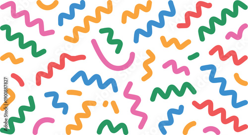 This picture features a lively assortment of colorful zig zag lines and curved shapes spread across a white surface