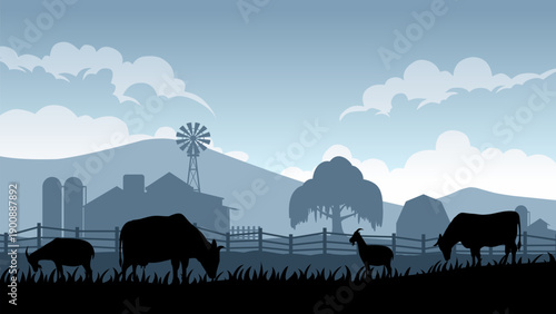 Farm landscape illustration with farmhouse and animal livestock