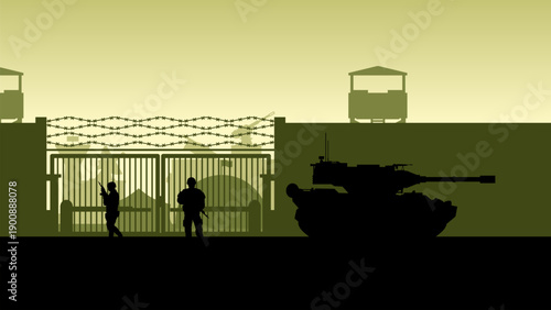 Military base landscape illustration with headquarter and armament