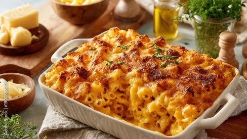 Baked macaroni and cheese in white ceramic dish with herbs on rustic table. Casserole dish with baked mac and cheese, comfort food concept