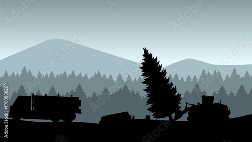 Deforestation silhouette landscape illustration with illegal logging
