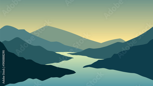 River landscape illustration with mountain range and ridges