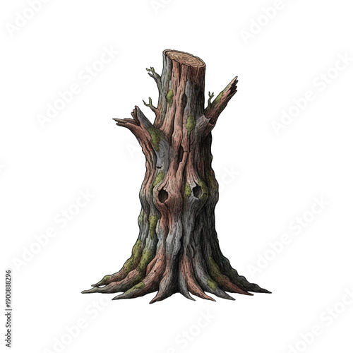 Mossy Ancient Tree Stump Illustration I Weathered Forest Sentinel I Gnarly Old Dead Tree Trunk