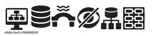 Set of Six Black Icons Representing Data and Network Concepts database server