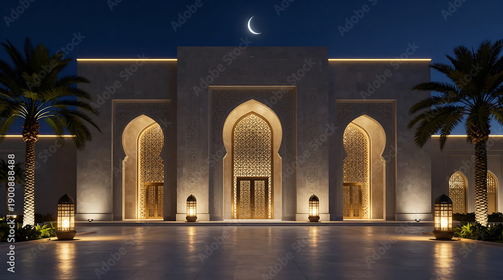 Fototapeta premium Modern mosque facade with crescent moon and lanterns at night