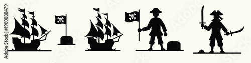 silhouette illustrations of pirate ships and pirates on