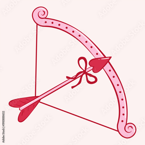 Isolated Cupids bow and arrow in ink sketch style. Flat vector illustration in pink red colors. Template for card, poster, menu, pattern, sticker.