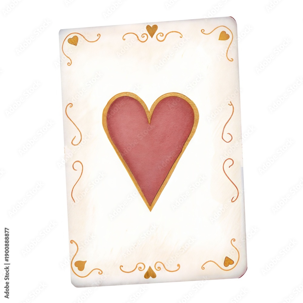 Fototapeta premium Watercolor Hearts playing card illustration, Wonderland fairytale heart suit card isolated on white.