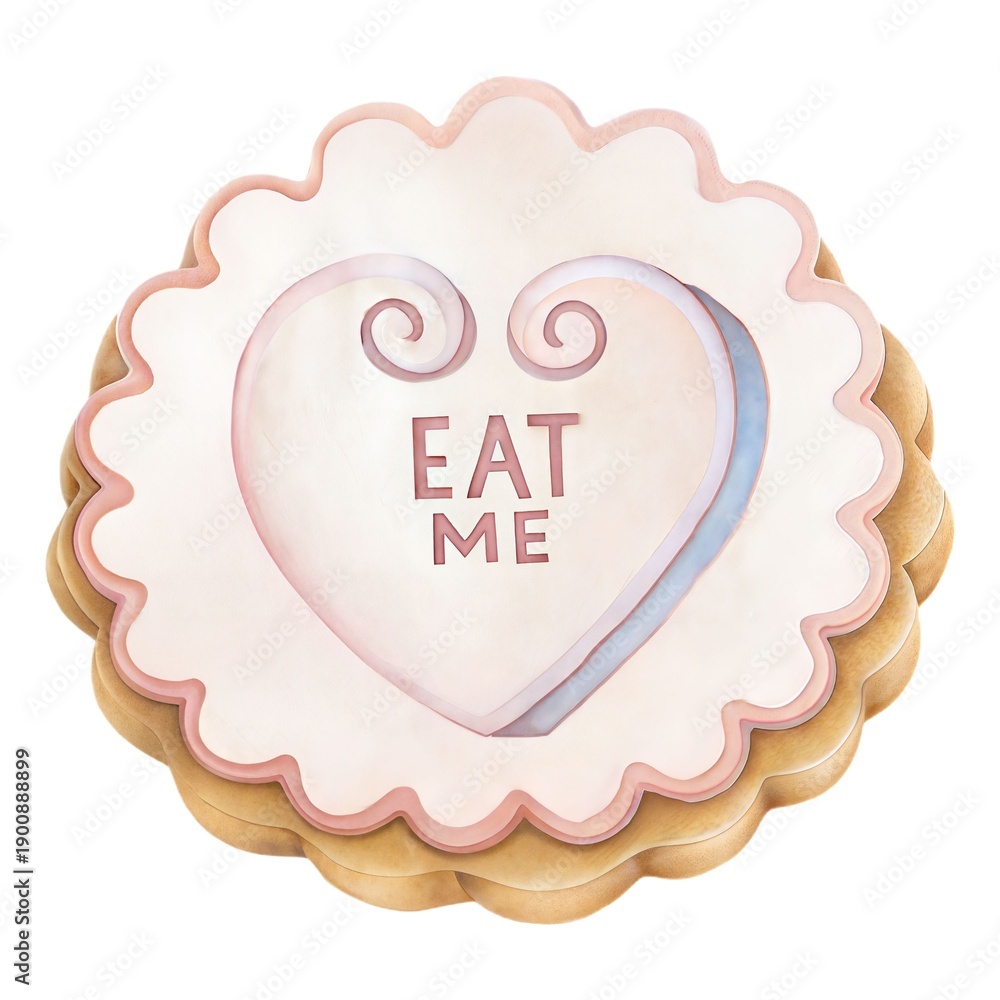 Obraz premium Watercolor magic cookie with Eat Me label, Alice in Wonderland fairytale sweet isolated on white.