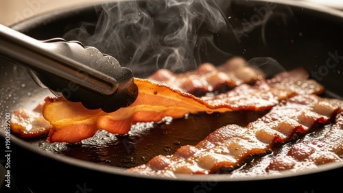 Sizzling bacon strips being cooked in a pan with tongs and releasing smoke for a tasty breakfast