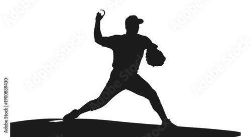Silhouette of a baseball pitcher in the middle of a throw, captured in a dynamic illustration against a white background, showcasing the athleticism and action of the sport