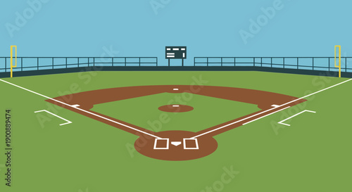 A detailed illustration of a baseball field with a scoreboard in the distance, showcasing the diamond and outfield under a clear blue sky