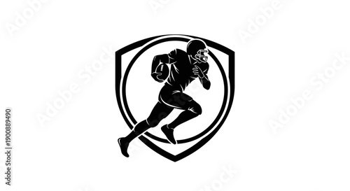 American Football Player Running with Ball Inside Shield Emblem, Dynamic Silhouette Design, Athletic Sport Icon