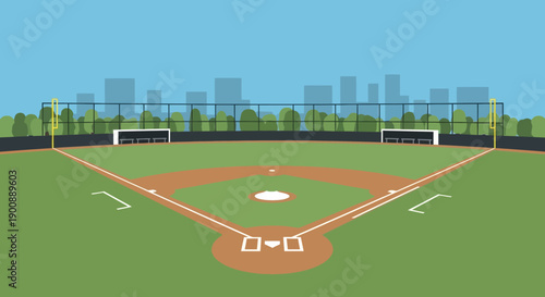 An empty baseball field with a city skyline and trees under a clear blue sky, ready for a game.
