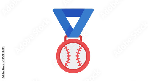 Red baseball medal with white stitching and blue ribbon on a clean background.