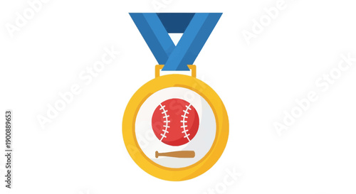 A golden sports medal with a blue ribbon, featuring a red baseball and a brown bat.
