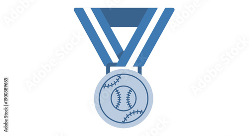 A simple graphic illustration of a silver medal adorned with a baseball design, hanging from a blue ribbon.