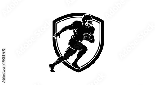 Dynamic black and white illustration of an American football player running with the ball inside a protective shield emblem.