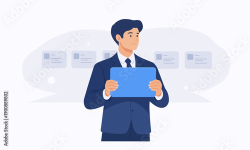 Vector illustration of a business professional reviewing and interpreting digital information. Concept of human interface, analysis and decision making after automation.