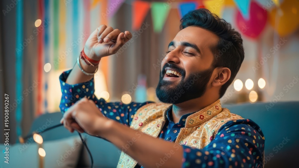 Fototapeta premium Joyful man celebrating with traditional attire and party decorations at home