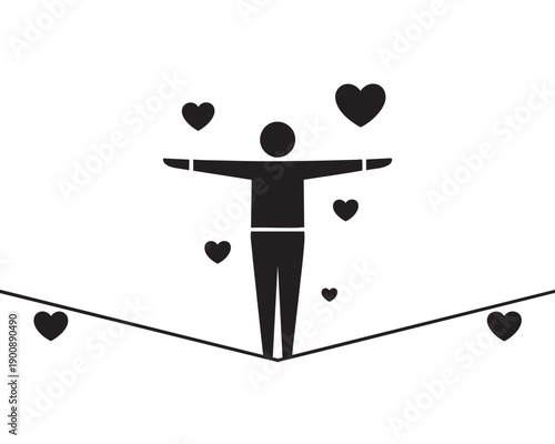 Man Balancing on Tightrope with Hearts