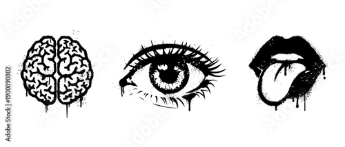 Urban graffiti spray style sensory icons set brain eye and lips