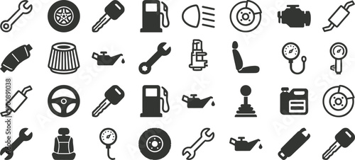 Automotive repair and car maintenance icon set featuring vehicle parts, mechanic tools, service equipment, and auto workshop symbols for transportation and garage design