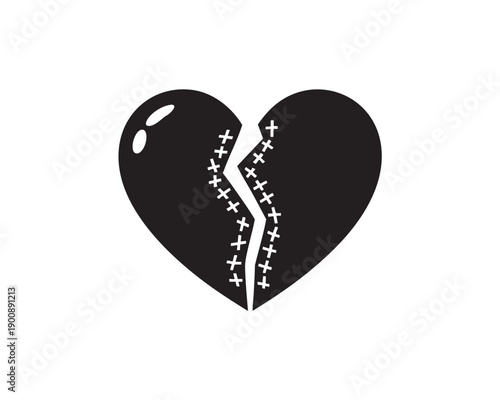 Broken Black Heart with Stitches Isolated on White