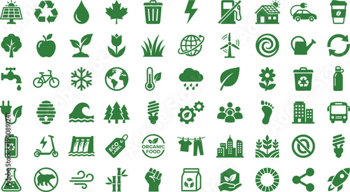 Eco friendly and sustainability icon set featuring renewable energy, recycling, green technology, nature conservation, climate protection, and environmental symbols for sustainable design projects
