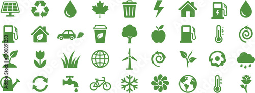 Eco friendly sustainability icon set featuring renewable energy, recycling, green lifestyle, clean transportation, nature conservation, and environmental symbols for modern ecological design