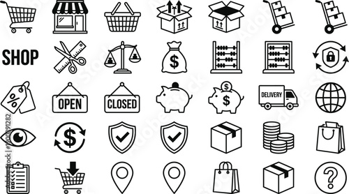 Ecommerce and retail line icon set featuring shopping, pricing, delivery, payment, security, and store management symbols for online business, logistics, and commercial design