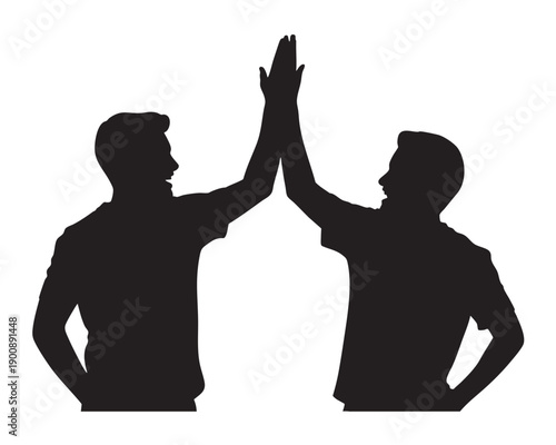 Two Men Giving High Five in Black Silhouette Isolated on White