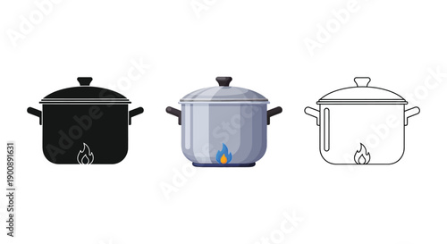 Cooking pot with lid and flame icon set in silhouette, color, and outline styles