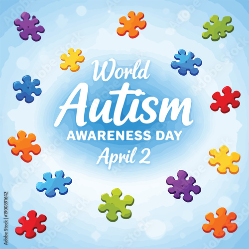 World Autism Awareness Day April 2 Puzzle Pieces Banner Vector Illustration, World Autism Awareness Day Celebration. 
World Autism Day background. April 2. Cartoon Vector illustration design Template 