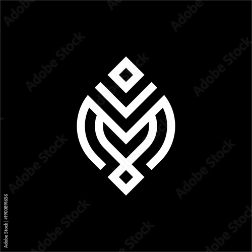 Symmetrical "M" nested in a geometric leaf, blending organic life with futuristic structure.