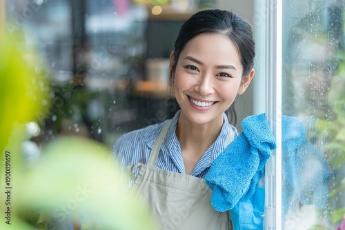 Young Woman Cleaning Window with Smile