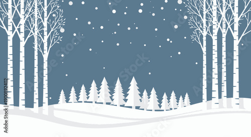 A serene winter landscape illustration with falling snow, white birch trees, and a line of snow-covered evergreen trees on rolling hills under a blue sky.