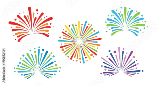 Colorful fireworks bursts vector illustration set on a white background, depicting celebration and festive events.