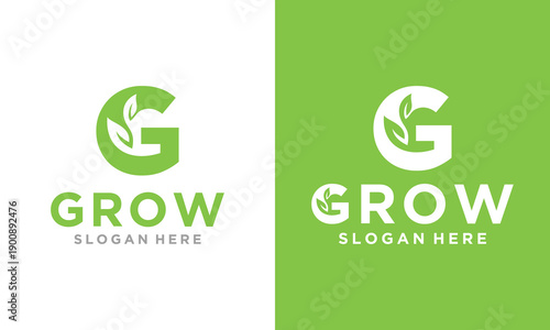 Green Grow Logo Design with Leaf Elements for Business Branding.
