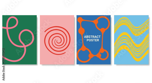 Canvas-taulu A collection of four abstract posters featuring colorful geometric and organic shapes on solid backgrounds