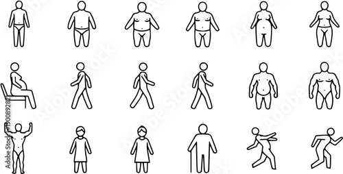 Human Body Types and BMI Icons Set. Health, Weight, Fitness, and Physical Diversity.