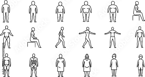 Diverse Human Body Types and Poses Line Art Icons