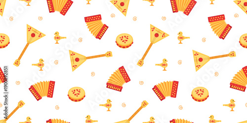 Seamless pattern Musical instruments accordion, balalaika, tambourine and whistle. Russian folklore, traditional folk music. Cartoon vector illustration background.