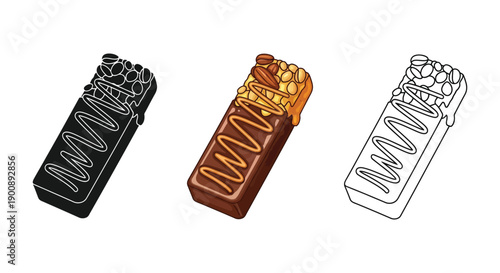 Chocolate protein bar icon set with nuts in silhouette, color, and outline styles