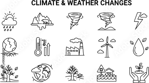 Climate and Weather Change Icons - Global Warming, Natural Disasters, Renewables