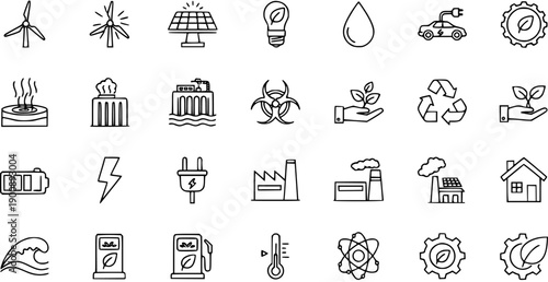 Eco-Friendly Energy, Environment, and Industrial Outline Icons Collection