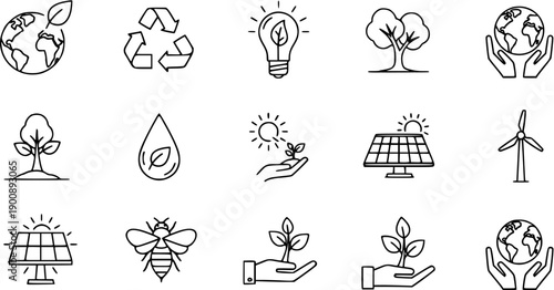 Eco-friendly Icons: Nature, Energy, Sustainability, and Planet Care