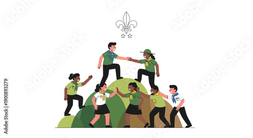 Group of diverse scouts helping each other climb a hill, promoting teamwork and youth leadership in a colorful illustration with a symbol of unity and cooperation.