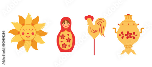 Set of ornament elements on the theme of Great Russian holiday Maslenitsa or Shrovetide. Vector doodle illustration of samovar, matryoshka, sun and cockerel
