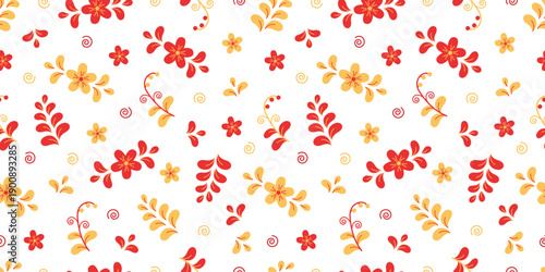 Seamless pattern of abstract patterns of flowers and plants. Cartoon traditional Slavic pattern background